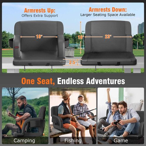 Suteck Dual-Sided Heated Stadium Seats for Bleachers with Back Support, 25" Portable Heated Bleacher Seat with Backrest, 3 Heat Levels, 5 Pockets – Ideal for Outdoor Stadiums and Events - Black