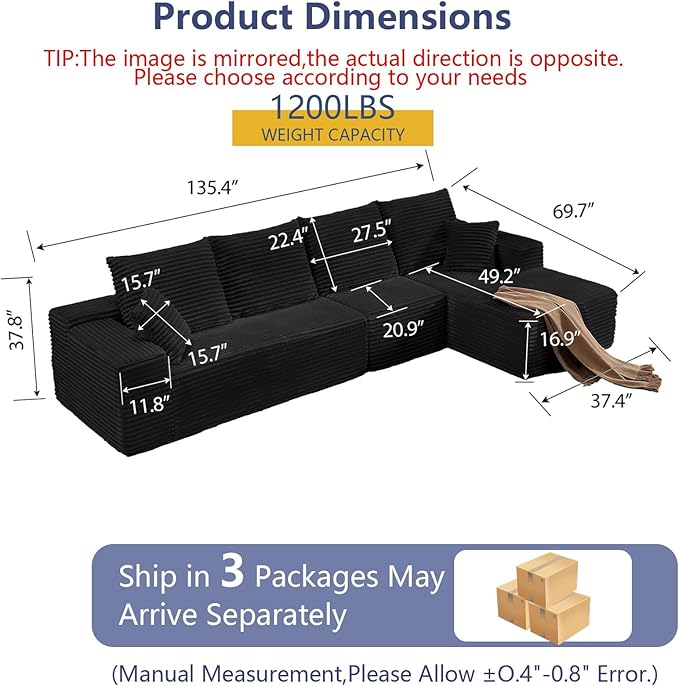 135.4" Cloud Sectional Couch with L-Shape Chaise, Modern Corduroy Boneless Couch for Living Room,Memory Foam Sofa with Deep Seat,No Assembly Required (Camel,Right-Facing Chaise)