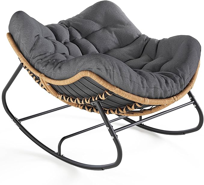 SWITTE Outdoor Rocking Chair, Oversized Patio Papasan Rocker, Comfy Wicker Reading Lounge, Indoor Egg Chair for Bedroom, L...