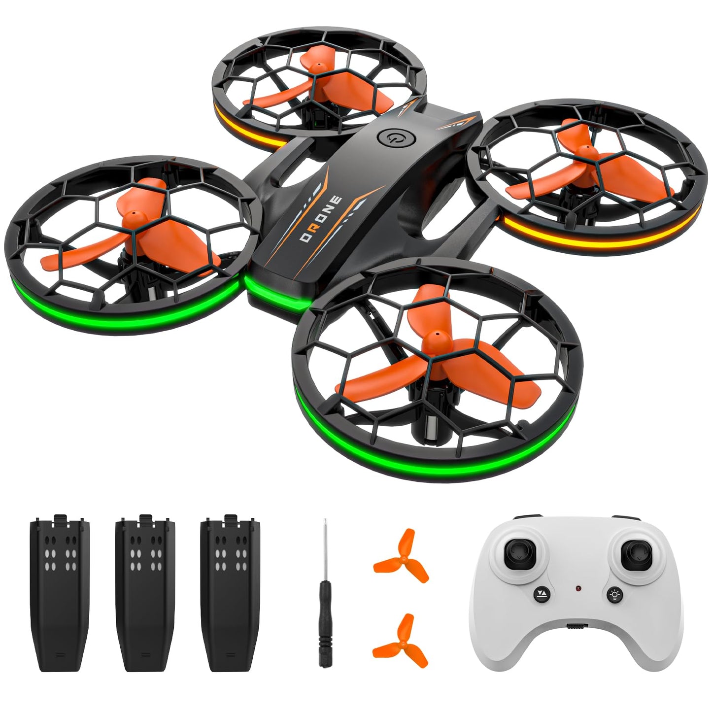 Drones for Kids - RC Drone with Auto Hovering and Headless Mode, Quadcopter with LED Light, Propeller Full Protect, 3D Flips, 3 Batteries, Remote Control, Best Toys Gifts