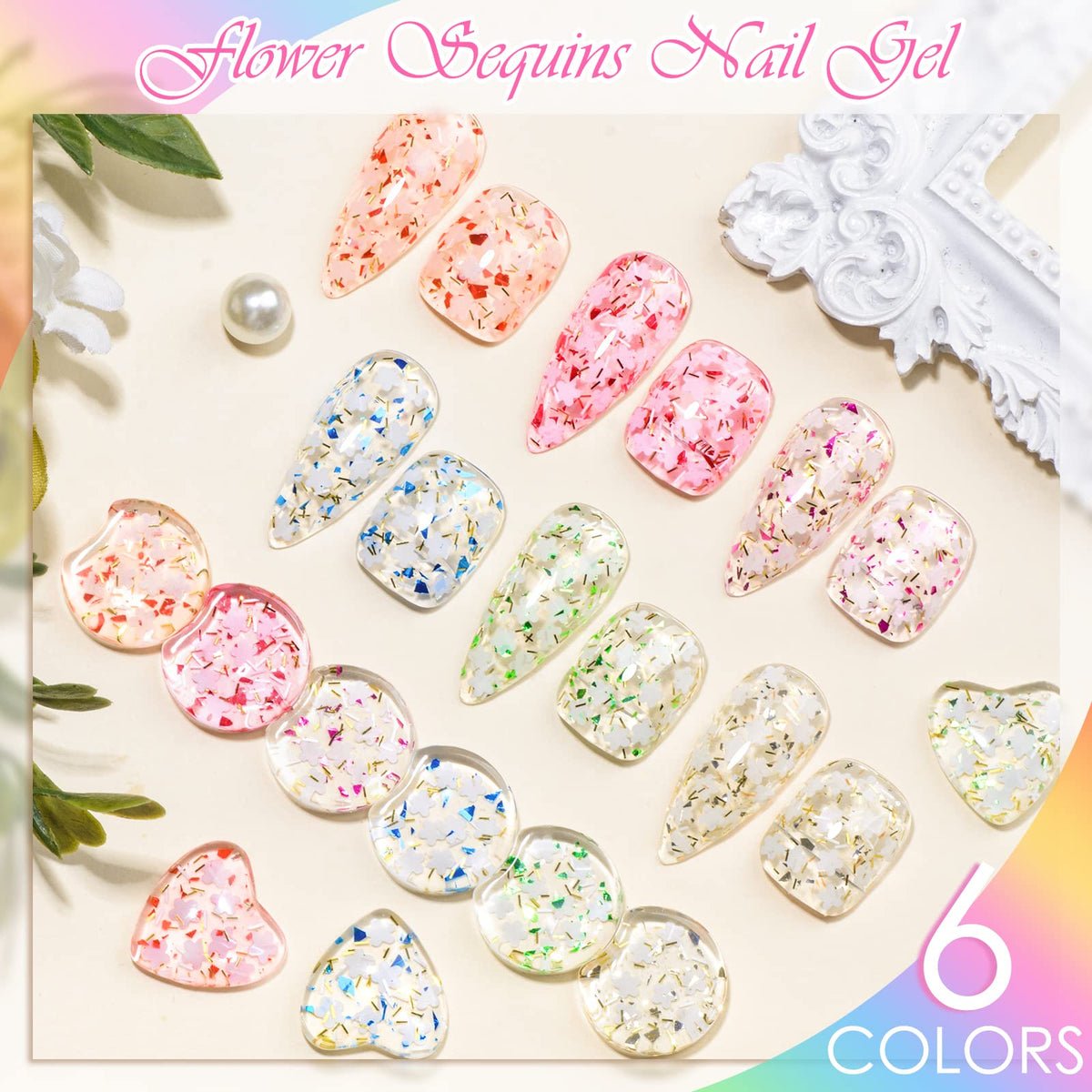 Flower Glitter Gel Nail Polish Set - 6 Pcs Diamond Sequins Style Gold Blue Green Clear Pink Jelly Gel Nail Polish Set with Flowe