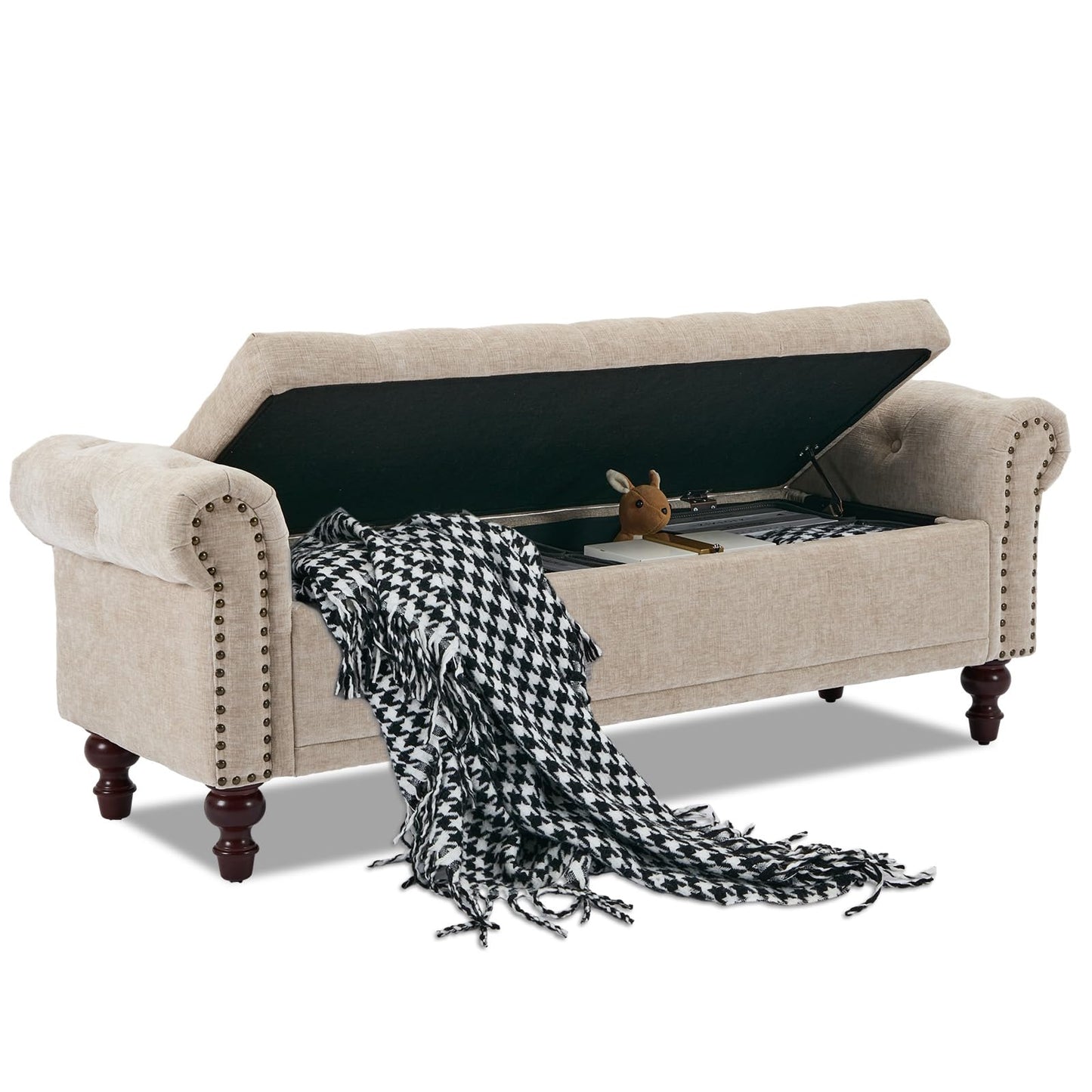 SOFTHION 58.1'' Storage Bench Upholstered Chenille End of Bedroom Bed Bench Ottoman with Tufted Cushioned Rolled Arm Large Storage Space for Reading Living Room Entryway, Light Brown