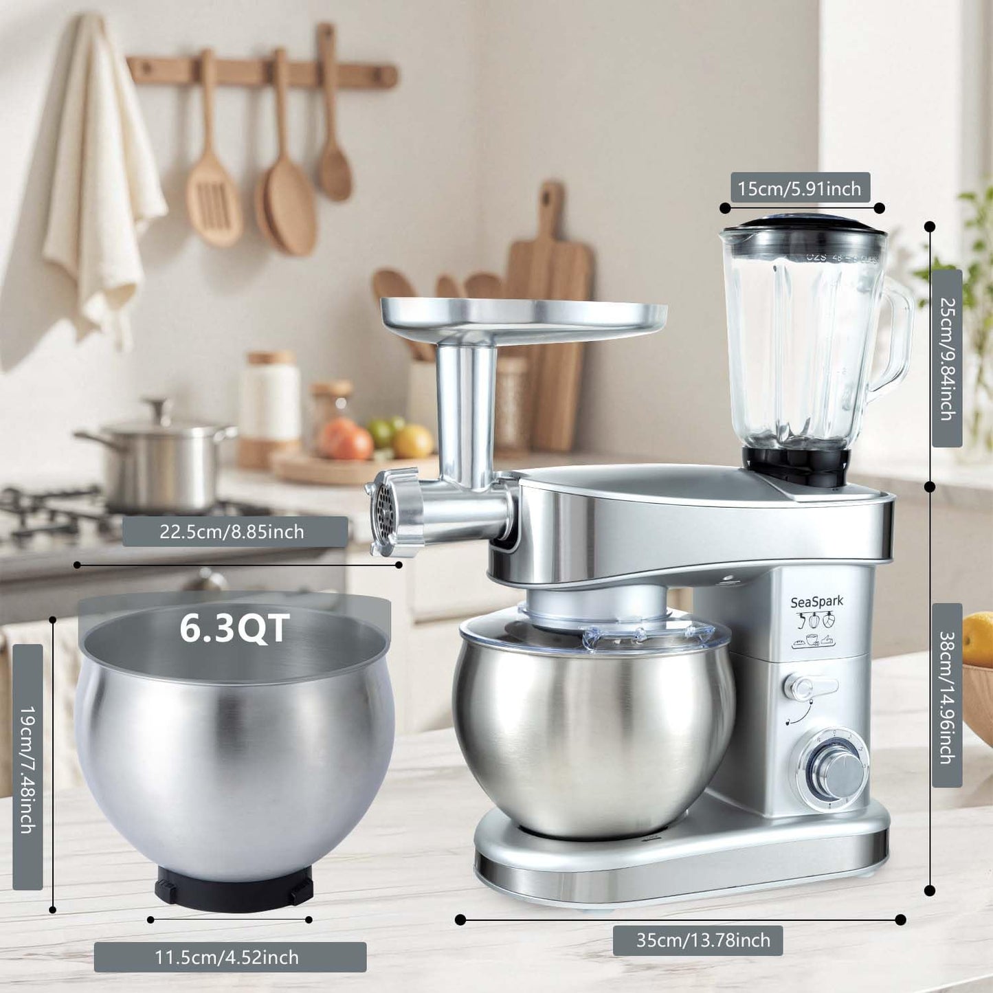 SeaSpark Multifunctional Stand Mixer, 6 in 1 Stand Mixer, 6.3Qt Tilt-head, Standing Mixer with Stainless Steel Bowl, Meat Grinder, Juice Blender, for professional Baking and Most Home Cooks, Silver