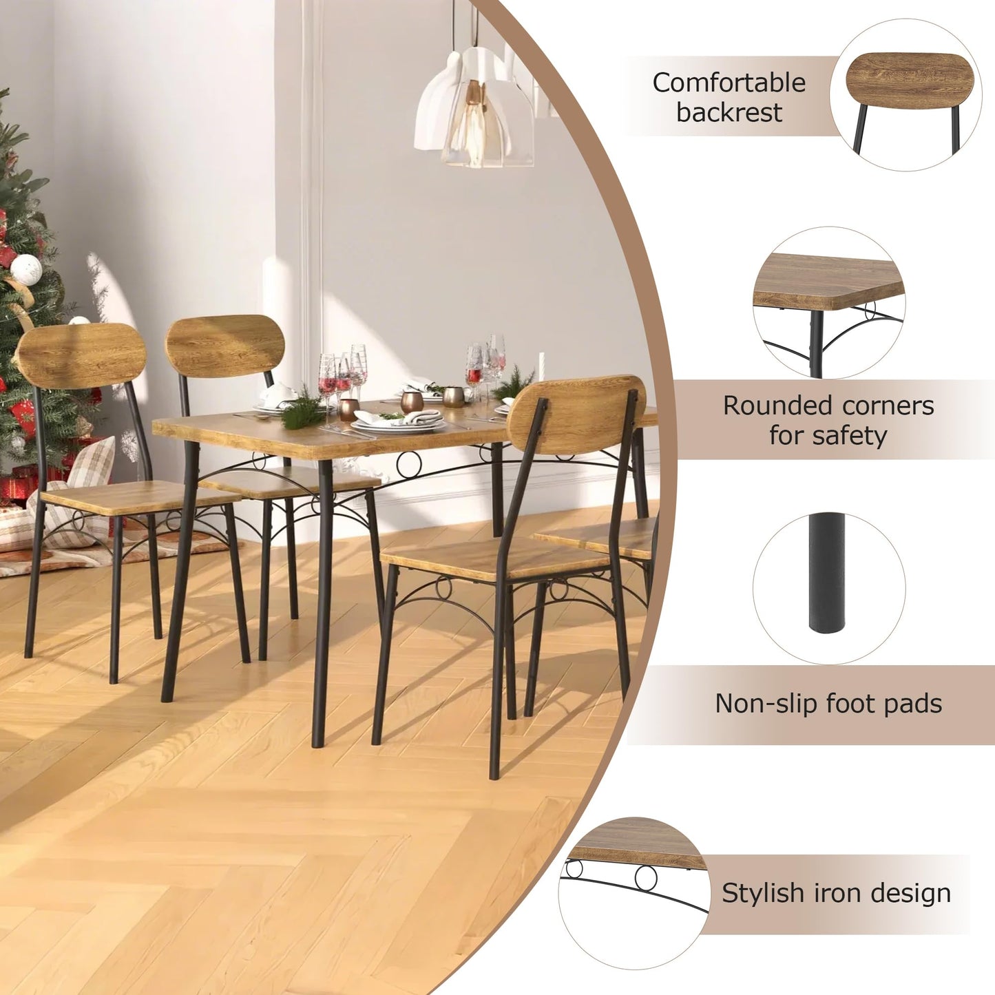 VECELO Kitchen Table Chairs Set for 4, 5 Piece Wood Dining Room Table with 4 Chairs, Perfect for Small Spaces, Compact Kitchen, Breakfast Nook, Brown