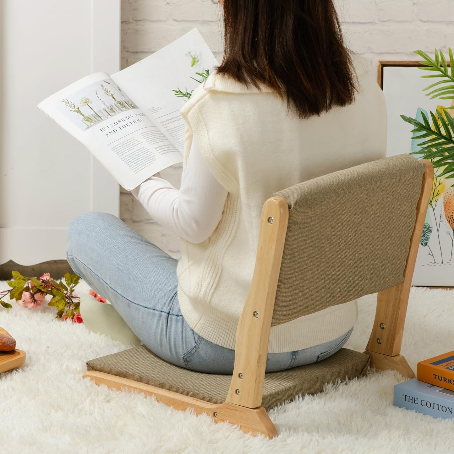 HollyHOME Foldable Japanese Style Floor Chair with Back Support, Tatami Chair with Cushion, Meditation Seat for Bay Window, Living Room, Bedroom, Dark Grey