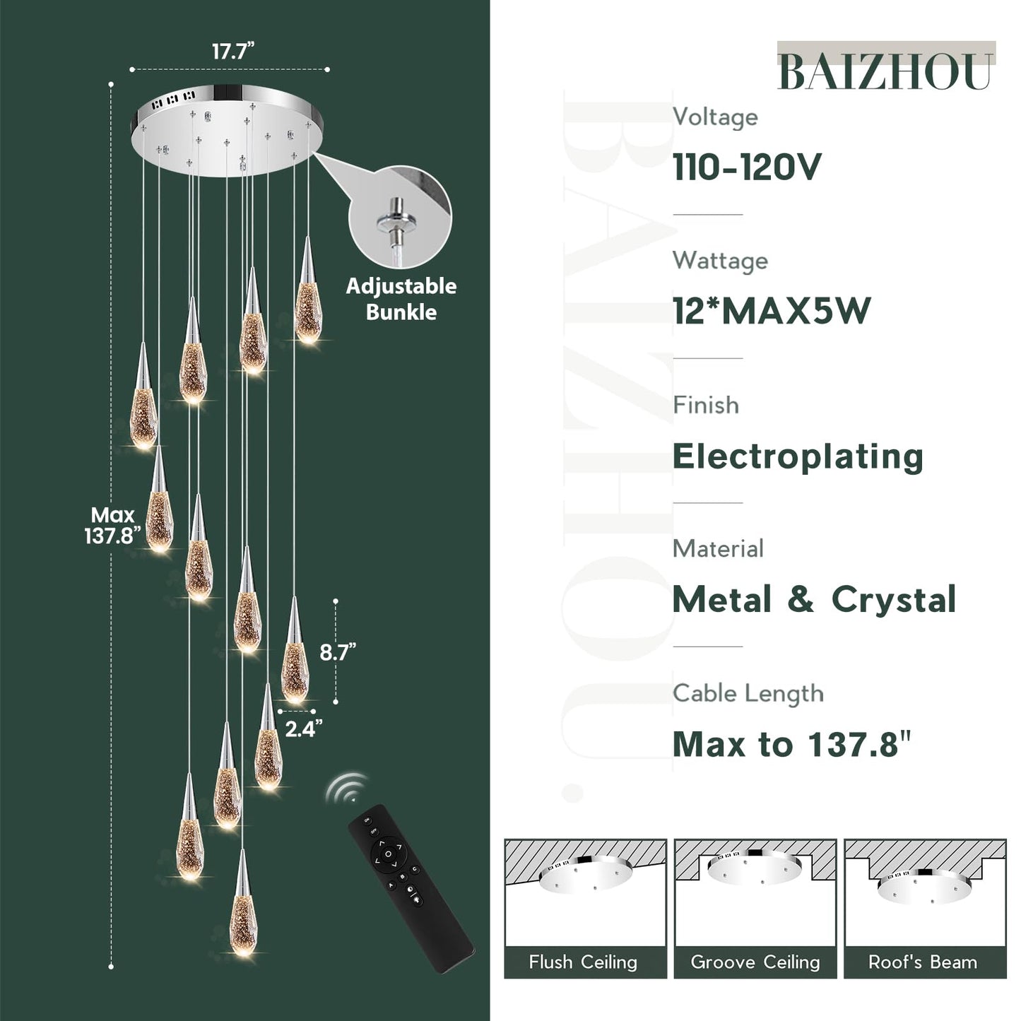 BaiZhou 12-Light Modern Crystal Chandeliers 3-Way Dimmable Long Pendant High Ceiling Bubble Raindrop Lighting Fixture for Staircase Foyer Entryway Bedroom Hallway Chrome
