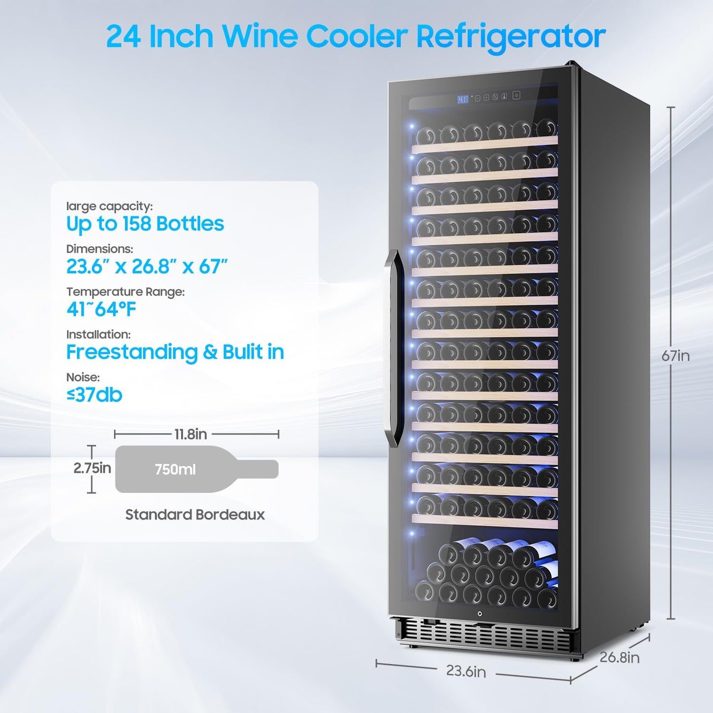 158 Bottles Wine Cooler Refrigerator, 24 Inch Built-in/Freestanding Wine Fridge with Upgraded Compressor, Fast Cooling, Intelligent Temperature Memory, Low Noise, 41℉-64℉ Large Capacity Wine Cooler