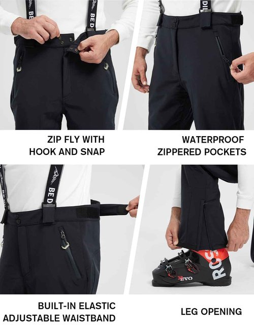 fit space Men's Ski Snow Pants Waterproof 15,000mm Removable Suspenders Insulated Warm Winter Hiking Snowboard Fleece Lined (Black,X-Large)