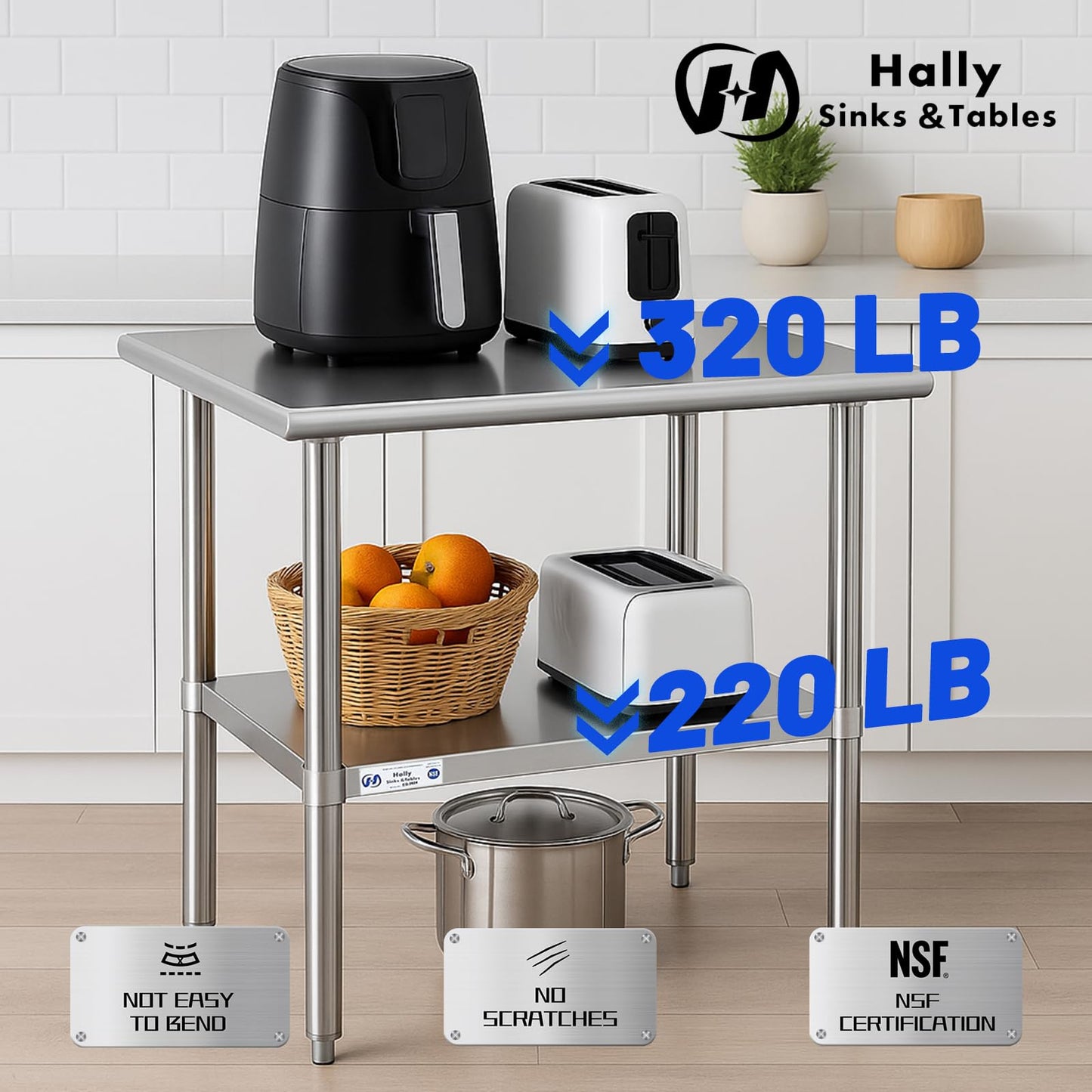 Hally Stainless Steel Table for Prep & Work 14 x 24 Inches, NSF Commercial Heavy Duty Table with Undershelf and Galvanized Legs for Restaurant, Home and Hotel