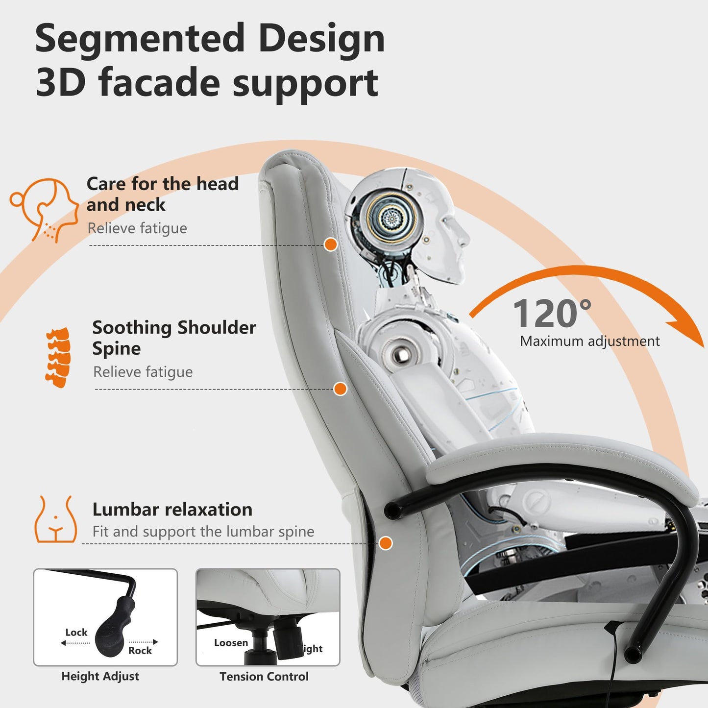 Office Chairs Big and Tall 500lbs Wide Seat for Heavy People Ergonomic Massage PU Leather Executive Chair Adjustable Rolling Swivel Computer Desk Chair with Lumbar Support Headrest Task Chair White
