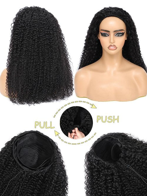Fayniss Kinky Curly Half Wig Human Hair 3 In 1 Seamless Flip Over Half Wigs Human Hair Glueless Wear and Go 220 Density Beginner Friendly Drawstring Headband Wig for Women (KC Half Wig, 16 Inch)