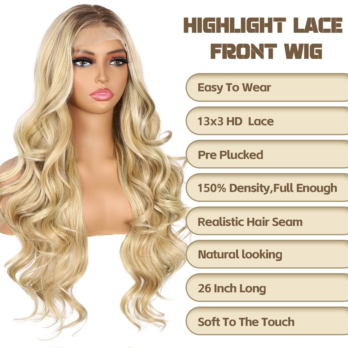 BABEHERS Highlight Blonde Lace Front Wig for Women 13x4 Synthetic Pre-plucked Body Wave Long Wavy wigs 150% Density Heat Resista