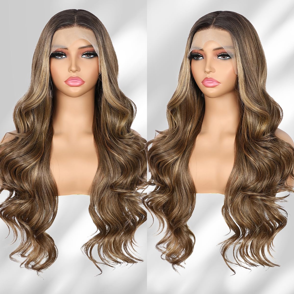 BABEHERS Highlight Brown Lace Front Wig for Women 13x4 Body Wave Synthetic Wigs Pre-plucked Long Wavy 150% Density Heat Resistan