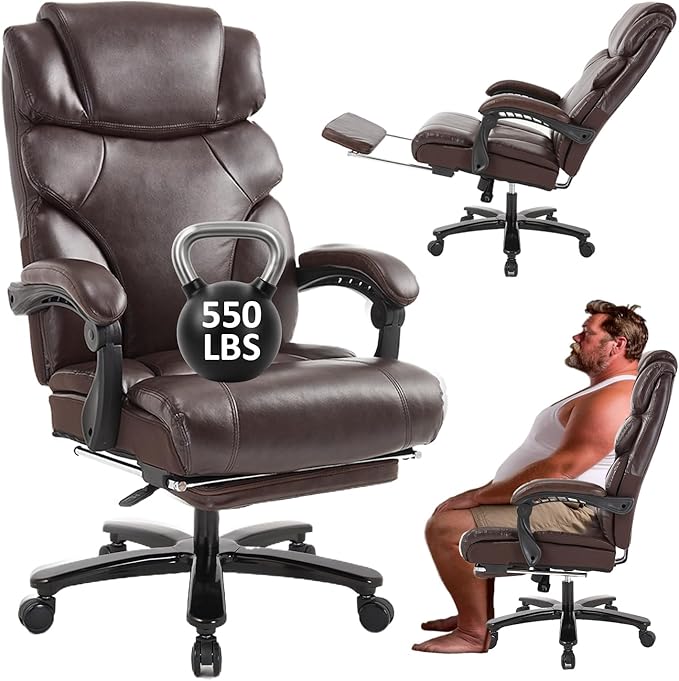 KCREAM 550lbs Heavy Duty Office Chair with Wide Seat,Big and Tall Executive Office Chair,Ergonomic Reclining Desk Chair with Footrest,PU Leather Computer Chair for Home and Office Use,Brown