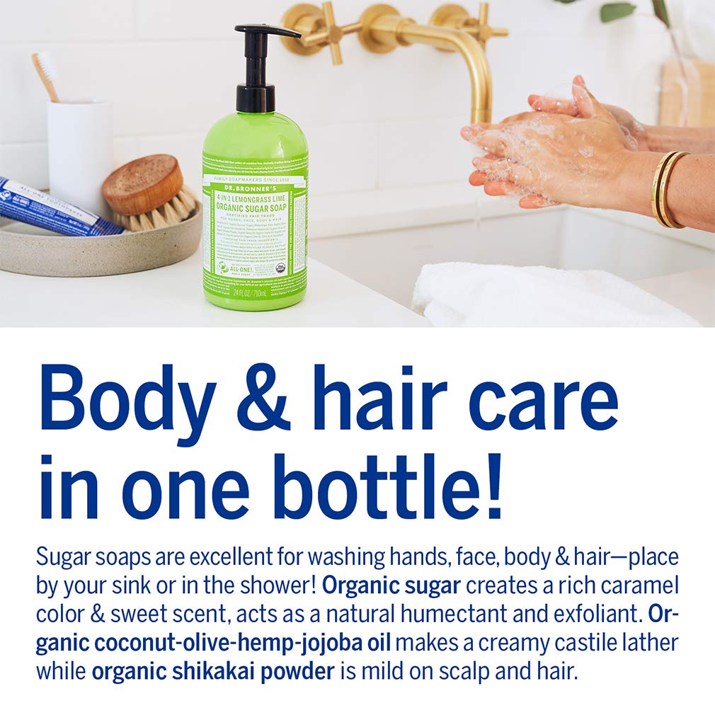 Dr. Bronner's - Organic Sugar Soap (Lemongrass, 64 Ounce) - Made with Organic Oils, Sugar and Shikakai Powder, 4-in-1 Use: Hands