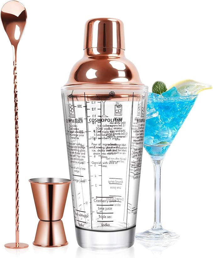 SAVORLIVING 14oz Glass Cocktail Shaker Set, Margarita Mixer-Shaker with Built-in Strainer and Measuring Jigger & Mixing Sp...