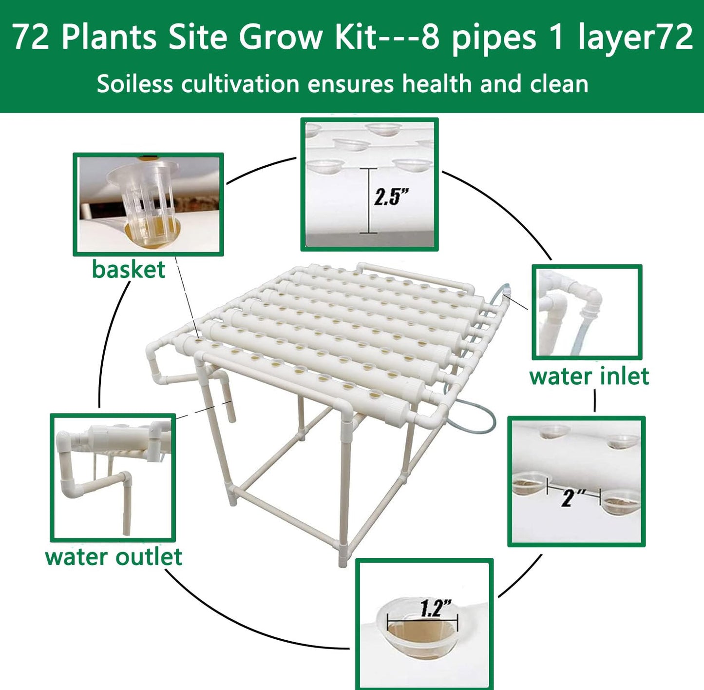 INTBUYING Hydroponics Growing System 72 Holes 8 Pipes 1 Layer Plant Site Grow Kit Hydroponic Gardening System with 110V Water Pump, Nest Basket, Sponge for Leafy Vegetables