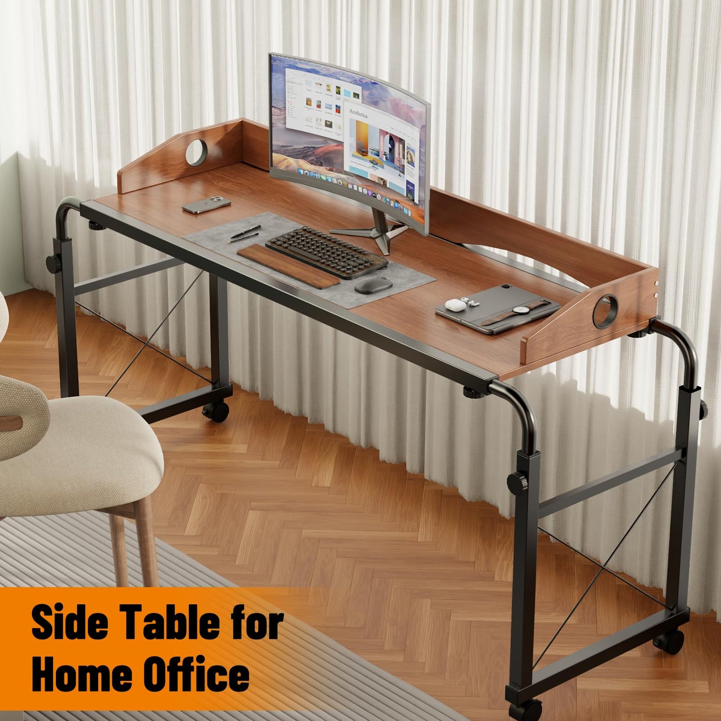BYMECOST Laptop Desk for Bed, Adjustable Height & Length Laptop Bed Table,Overbed Table with Wheels for King & Queen Size Beds,Rolling Standing Desk,Over Bed Table for Working Reading Eating