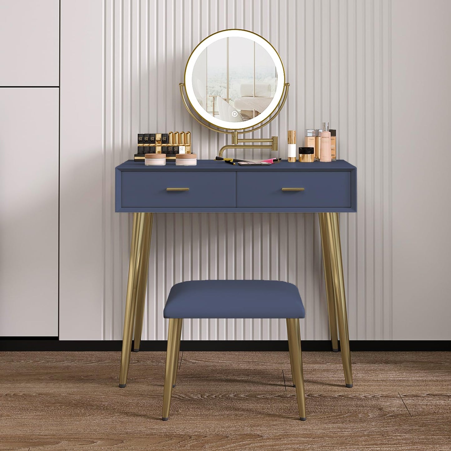 HIMAmonkey Vanity Desk Set with 360° Rotating Mirror and Lights, Small Makeup Vanity with Microfiber Leather, Vanity Table with 2 Drawers, Stool, 3 Lighting Modes - 31.5in Blue