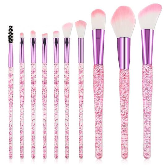 10 PCS Glitter Crystal Makeup Brush Set Cute Makeup Brushes Bling Professional Concealer Eye Shadow Eyeliner Blush Lip Ble...
