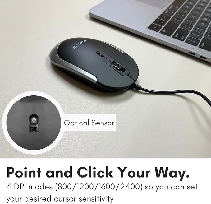 Macally Silent Wired Mouse - Slim & Compact USB Mouse for Apple Mac or Windows PC Laptop/Desktop - Designed with Optical Sensor & DPI Switch - Simple & Comfortable Wired Computer Mice (Space Gray)