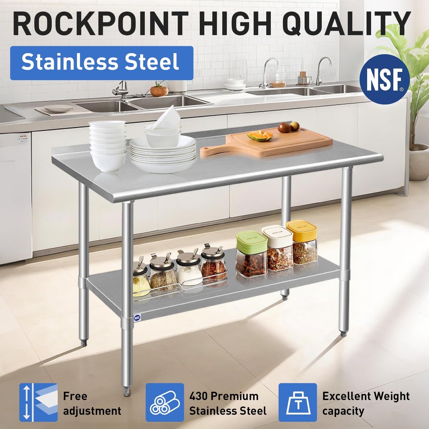 ROCKPOINT Stainless Steel Table for Prep & Work with Backsplash 30x72 Inches, NSF Metal Commercial Kitchen Heavy Duty Table with Adjustable Under Shelf and Table Foot for Restaurant, Home and Hotel
