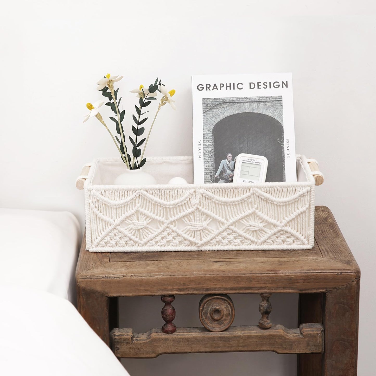 BROWNLILY Macrame Storage Baskets Boho Decor Gift Box Woven Toilet Paper Basket with Wood Handles Home Decorative Baskets for Organizing on Shelf Cabinet Countertop Livingroom - Set of 2