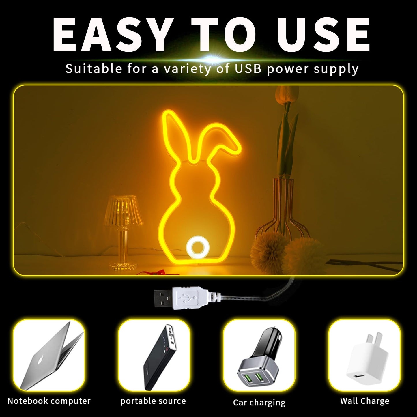 ENUOLI Novelty Rabbit Neon Sign Art Wall Lights for Business Bunny Neon Light Bar Club Bedroom USB Powered for Bedroom Children's Room Rabbit Decoration Easter Gifts For Kids Wedding Birthday Party