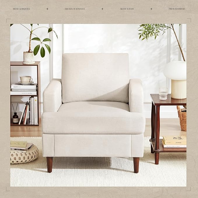 Weture Mid-Century Accent Chair,Modern Linen Fabric Armchair for Living Room,Comfy Upholstered Reading Accent Chairs for Bedroom,Single Sofa Chair with Wood Legs (Beige, 2 Pack)