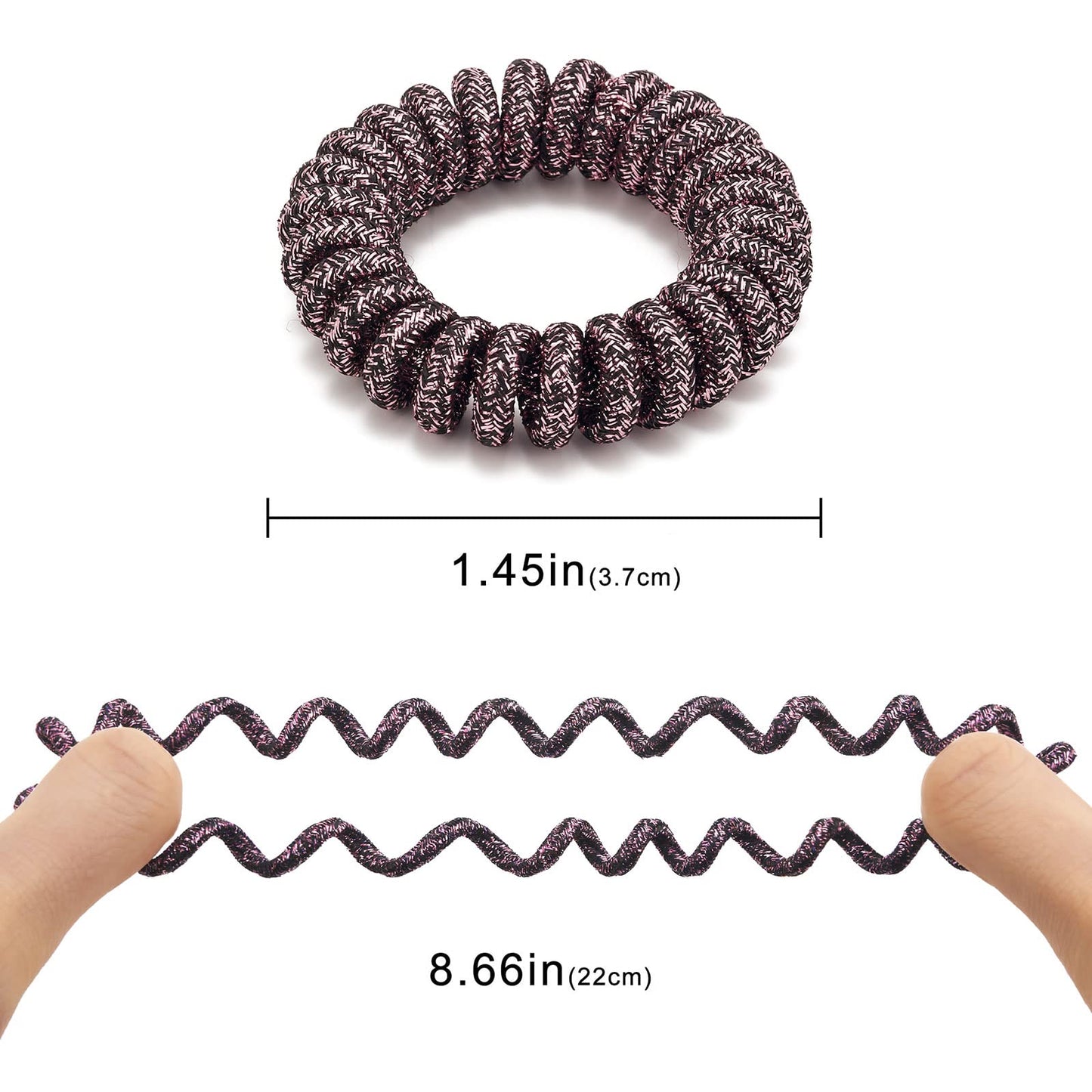 Spiral Glitter Rose Gold Plastic Hair Ties (12 Pcs) - Coil Ponytail Holders for Thick Hair, No Crease Phone Cord Hair Ties for A