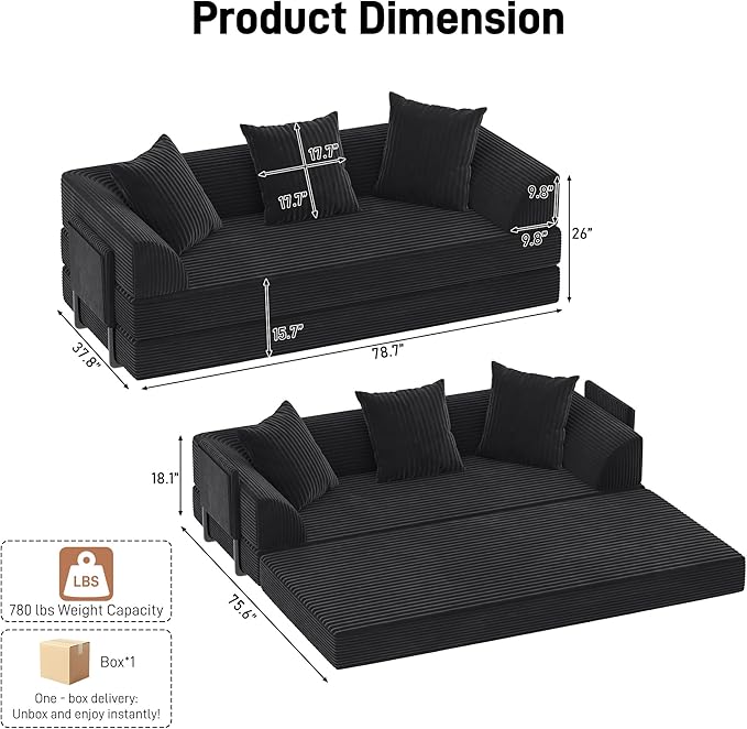 Folding Convertible Sofa Bed with 3 Pillows, 79 " Corduroy Boneless Couch with Armrest Pockets, Lounge Loveseat Sleeper with Pull Out Bed, Memory Foam Compressed Sofa for Living Room Bedroom, Black