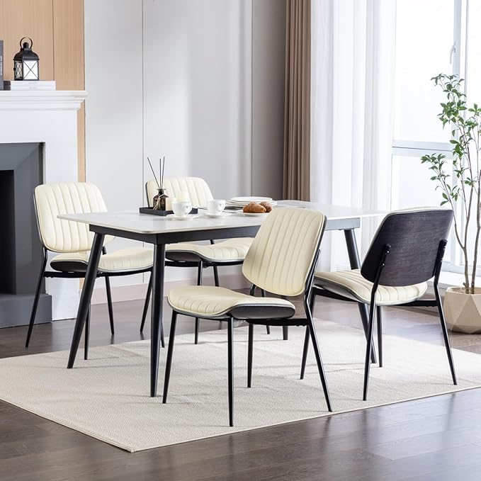 YaFiti Dining Chairs Set of 4, Mid Century Modern Accent Dining Room and Kitchen Chairs, Upholstered PU Leather Vertical Stripe Chairs for Vanity with Walnut Bentwood and Metal Legs, Beige