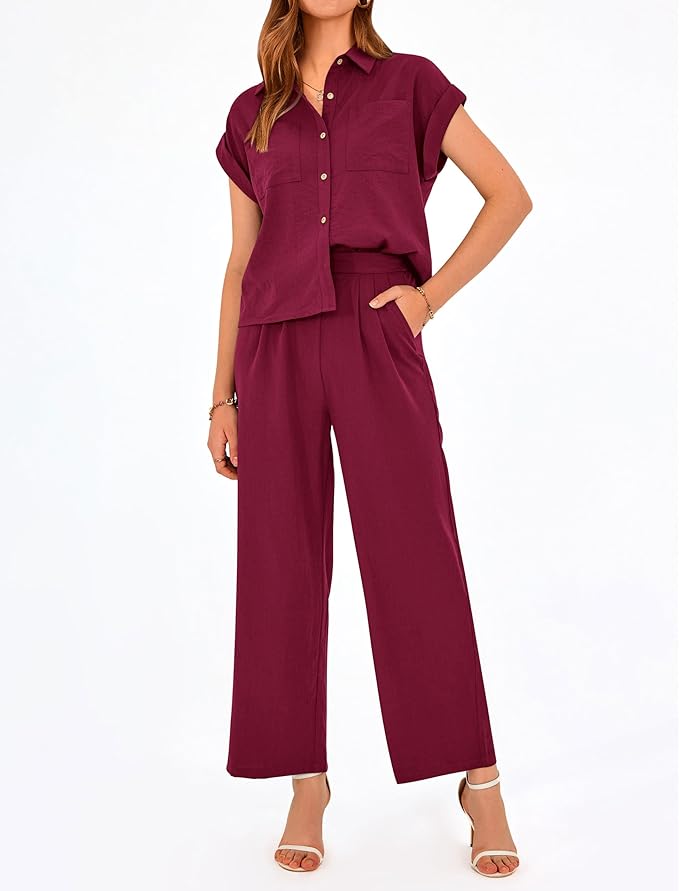 PRETTYGARDEN Womens 2 Piece sets Summer Cap Sleeve Tops Palazzo Pants Dressy Casual Vacation Travel Outfits Tracksuits