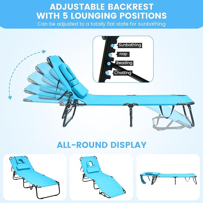 GYMAX Tanning Chair, 350lbs Beach Lounge Chair with Face Hole, Washable Pillow & Carry Strap, Adjustable Folding Chaise Lounge, Layout Lounger for Outside, Patio, Poolside, Lawn (1, Arctic)