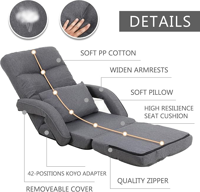 DeeLyan Indoor Floor Chair with Armrest and Pillow Folding Chaise Lounge Sofa 14-Position Adjustable Comfy Gaming Recliner Chair Padded Seats for Adults (Grey)