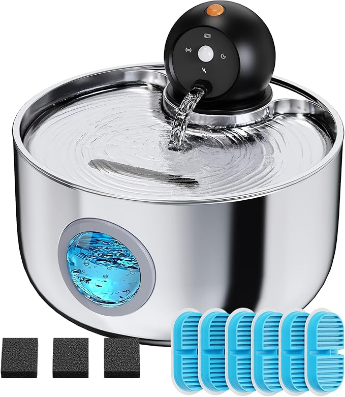 Cat Water Fountain Battery Operated: Wireless Cat Fountain with Motion Sensor - 88oz/2.6L Cordless Pet Dispenser for Cats ...