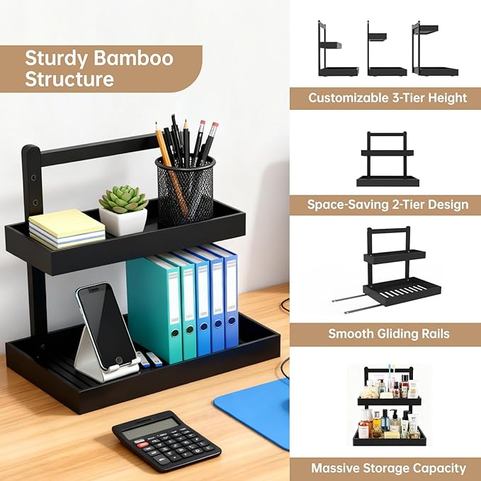 Bamboo Under Sink Organizer - 2 Tier Pull Out Cabinet Shelves with Adjustable Height, Undersink Storage Slide Out for Kitchen Bathroom Cabinet Pantry Black