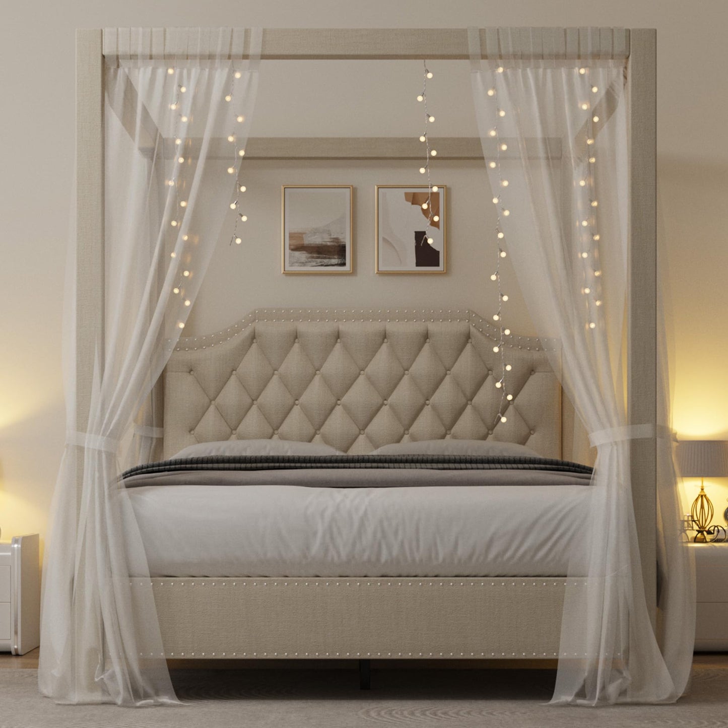 IDEALHOUSE Full Size Canopy Bed Frame with Nailhead Decoration Headboard，Upholstered Bed Frame with Poles 4 Corner Bed Bracket,Solid Wood Slats Support,No Box Spring Needed,Noise Free,Beige
