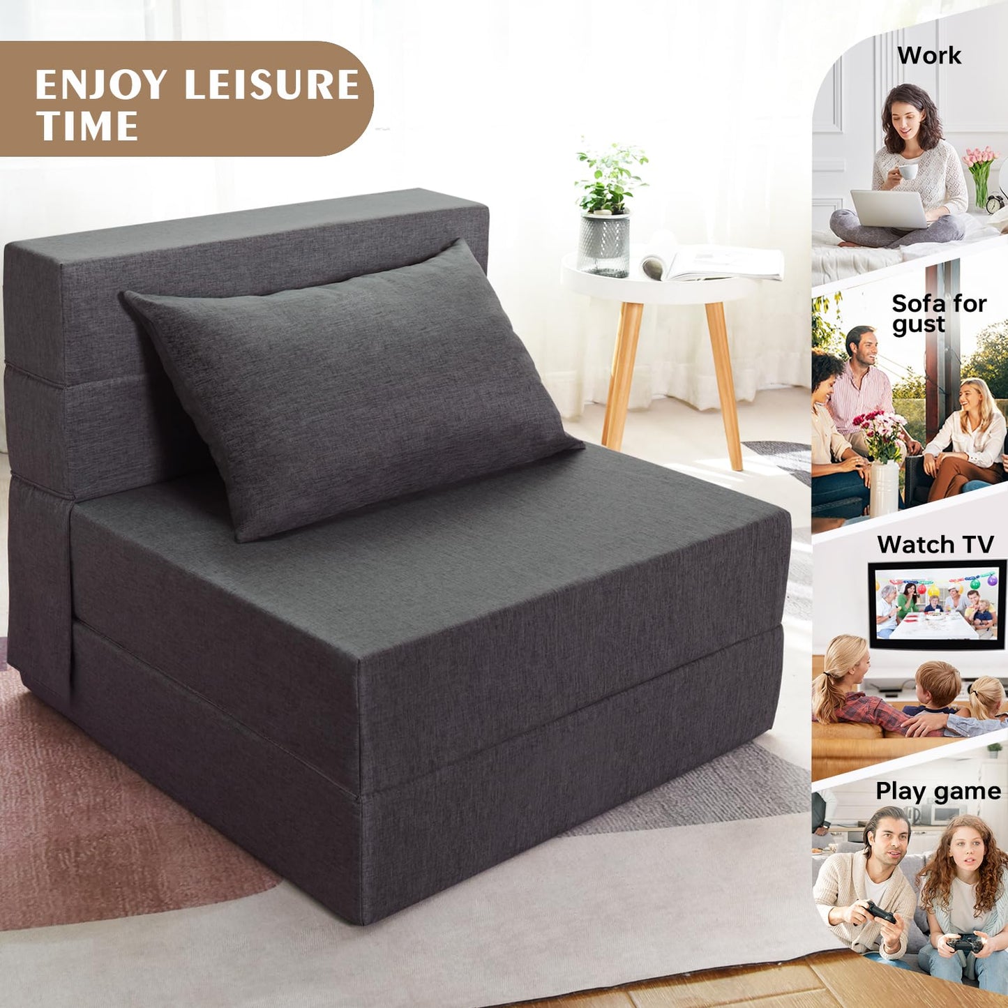 Fvkind Folding Sofa Bed, Foldable Sleeper Chair with Pillow, Convertible Futon Sofa Bed with Washable Cover, Fold Out Couch for Living Room, Dorm, Guest Room, Single Size, Dark Grey