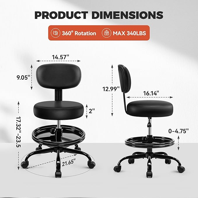 Shop Stool with Wheels for Garage, Mechanics Rolling Chair with Backrest, Adjustable Height Heavy Duty Garage Stool with Footrest and Storage Tray, Swivel Task Chair for Workshop Kitchen Salon