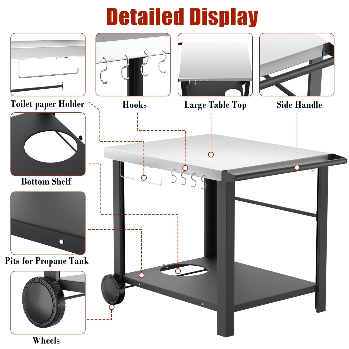 34" x 24" Movable Stainless Steel Flattop Grill Cart for Ninja Woodfire & Blackstone Griddles, Pizza Oven Table for Outside, Extra-Wide Stainless Steel Cart with Wheels for Kitchen Food Prep Table