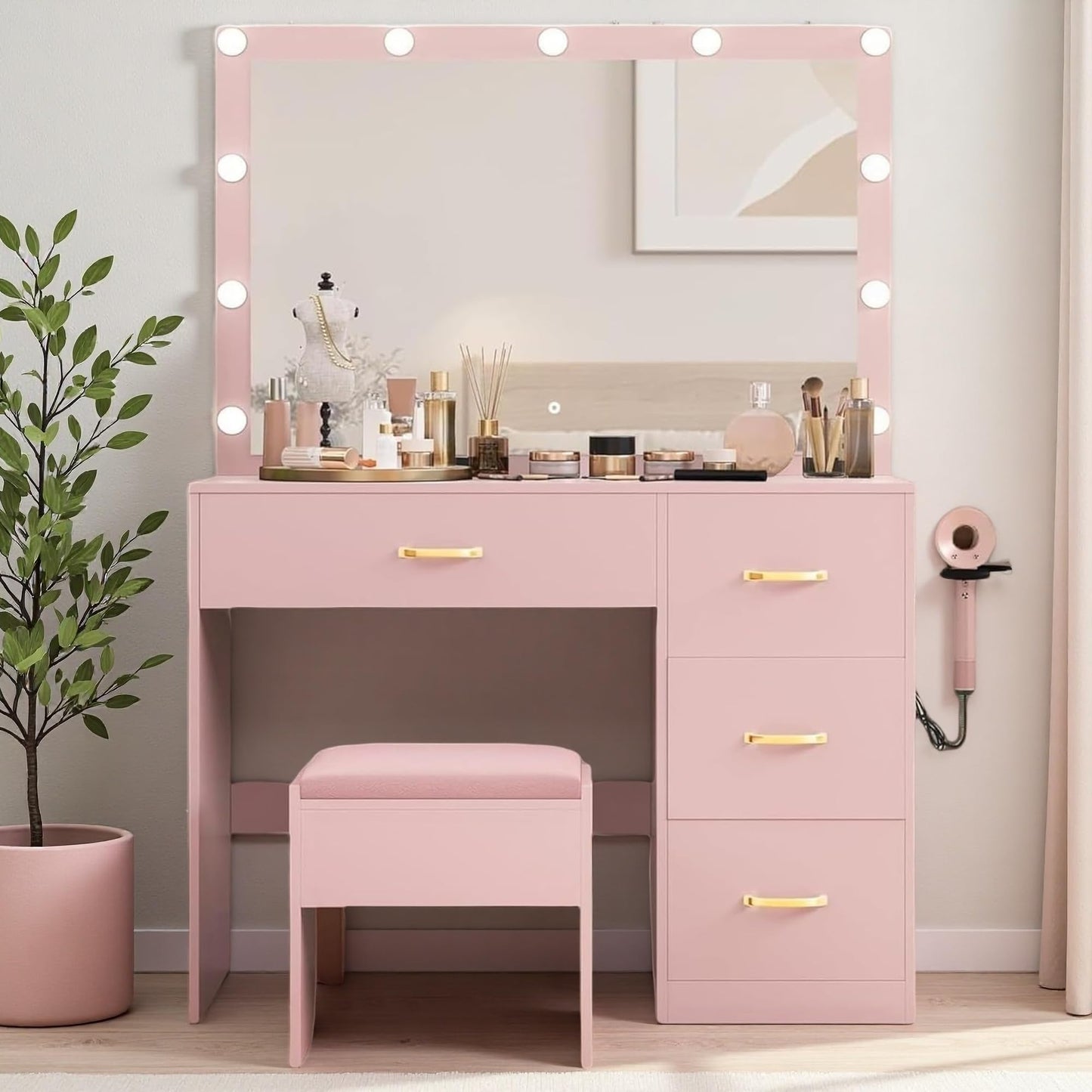 DWVO Vanity Desk with Mirror and LED Lights, Large Makeup Vanity Table Set with Power Outlet & 4 Drawers & Cushioned Stool, Dressing Table with 3 Adjustable Lighting for Dressing Room, Pink