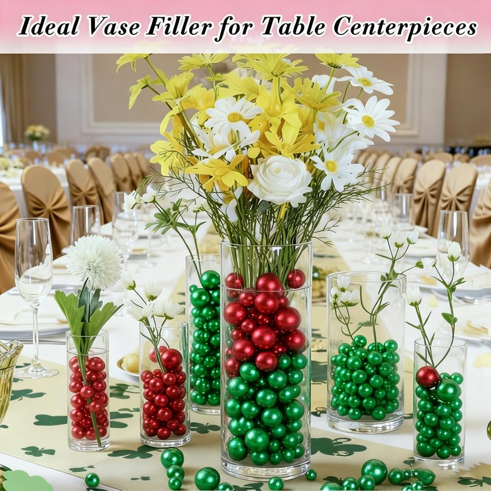 Pearl Beads No Hole Pearls for Crafting 180 Pcs Fake Pearls Faux Pearls for DIY Crafts Jewelry Making Vase Filler Floating Candle Wedding Birthday Party Home Decorations (Red & Green, 8/10/14/20mm)