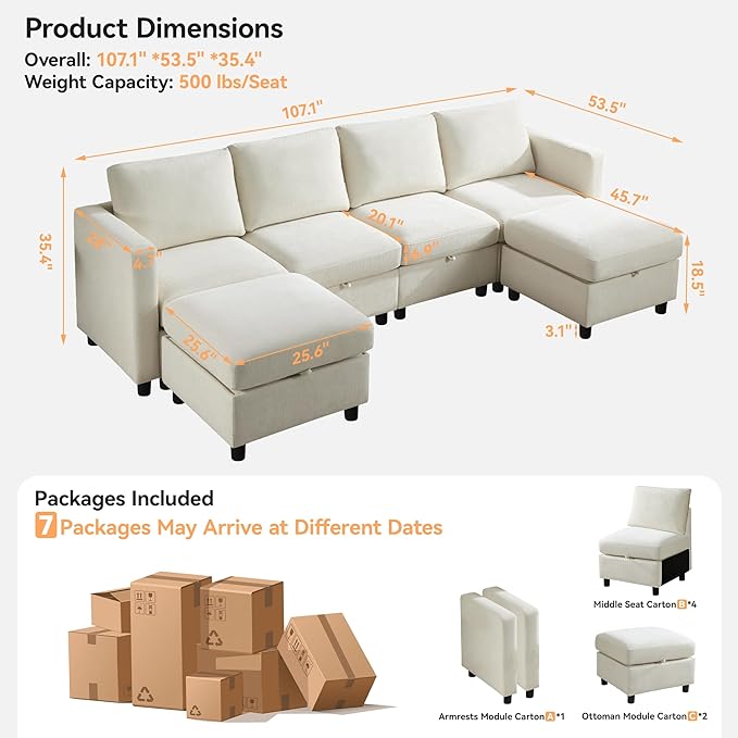 WUTUTUEE 107”Modular Sectional Sofa Convertible U Shaped Sofa Couch Set with Storage for Living Room, Modern 6 Seater Modular Sectional Couch with Movable Ottoman, Chenille(Beige)