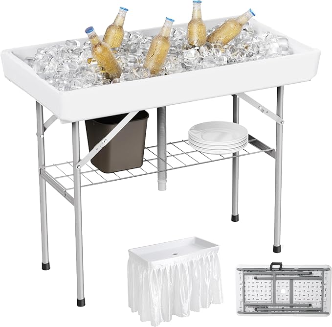 Allpop 4 Foot Folding Ice Cooler Table with Matching Skirt, Portable Patio Table with Grid Rack & Drain Hose for Party Bar...