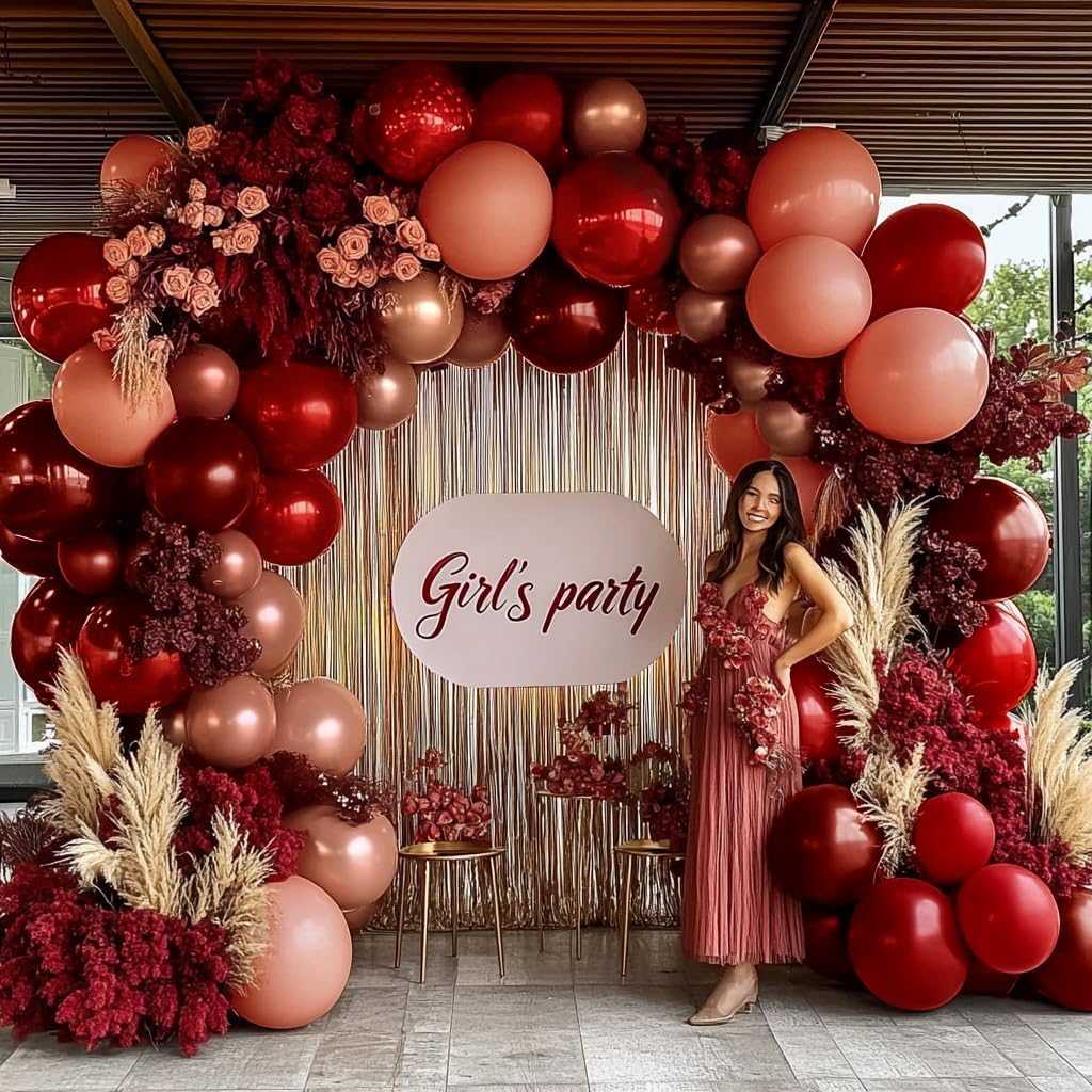 Red Pink Balloon Garland Double Stuffed Burgundy Gold Balloons Dark Red Dusty Pink Gold Balloon Arch Kit for Bridal Shower Wedding Birthday Girl's or Mom's Party Decoration