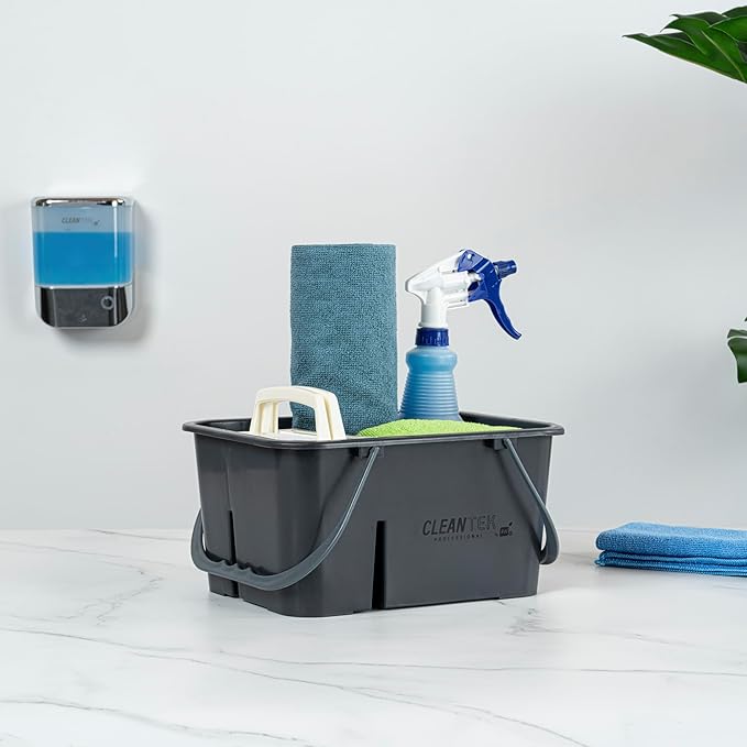 Restaurantware-Clean Tek Professional Cleaning Caddy, 1 Cleaning Supply Caddy With Handle - 4 Compartment, Multipurpose, Gray Plastic, All-Purpose, For Bathroom, Bedroom, Kitchen, Or Garden