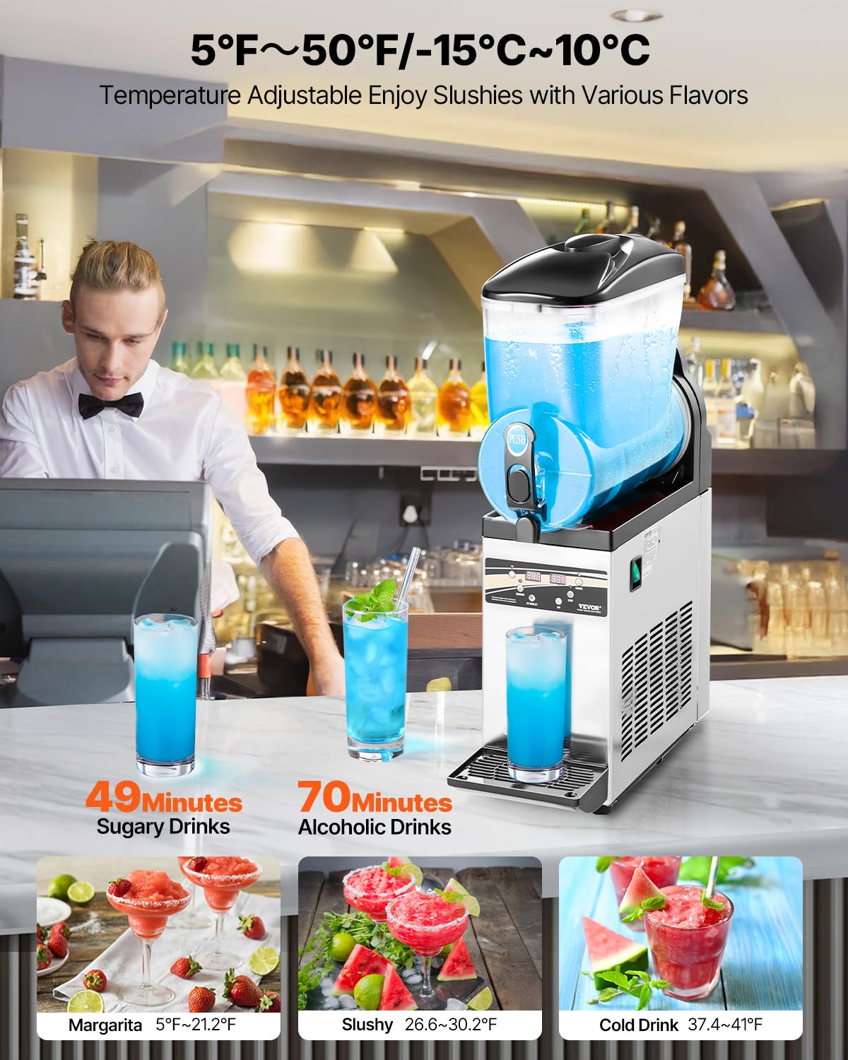 VEVOR Slushy Machine, 15L Single Tank Commercial Margarita Machine, 60 Cups Stainless Steel Margarita Smoothie Frozen Drink Machine, Slushie Machine for Home Party Restaurants Cafe Bars