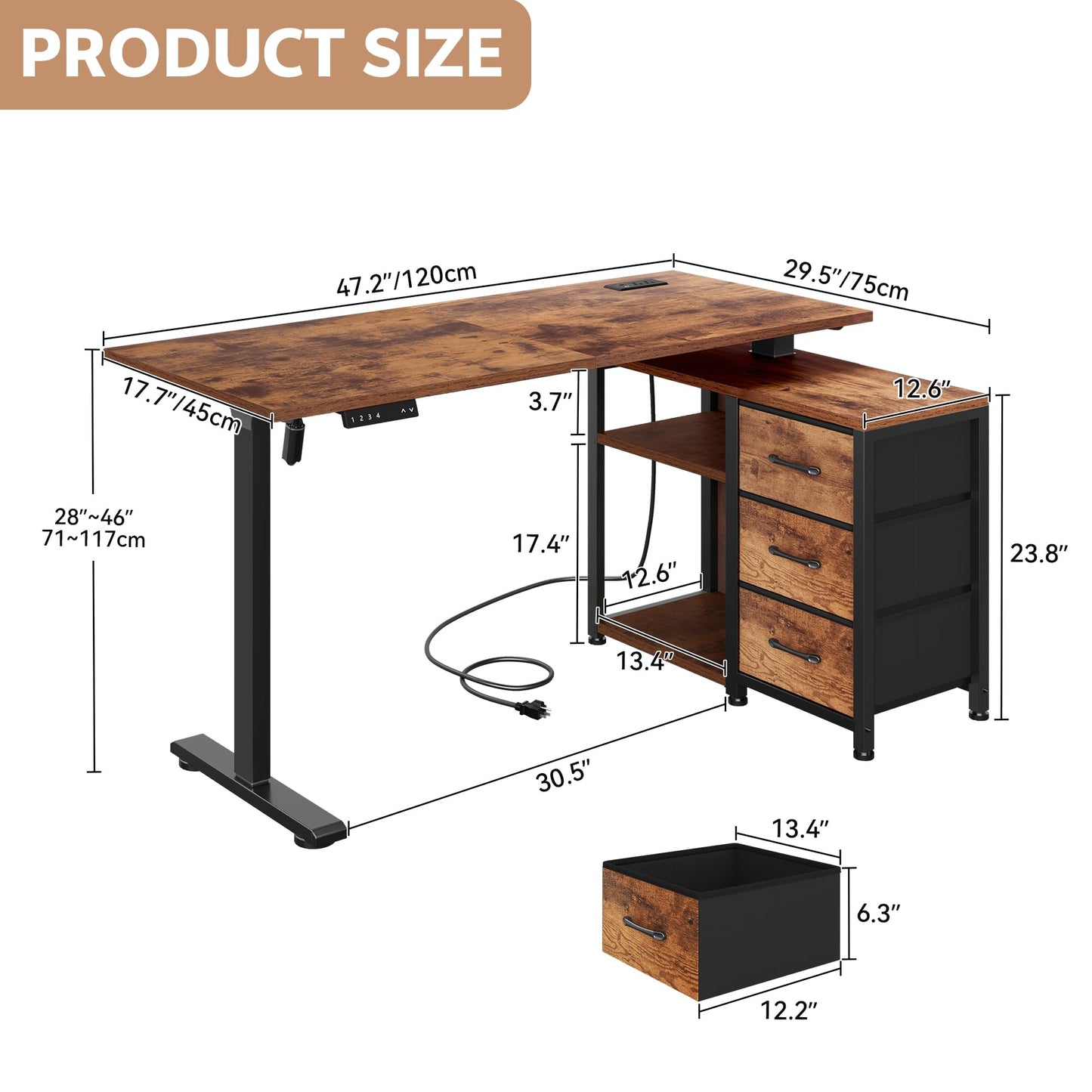Homiflex 47 Inch L Shaped Desk with 3 Drawers Electric Standing Desks with Storage Computer Table Adjustable Height with Power Outlets 4 Memory Presets for Home Office, Rustic Brown