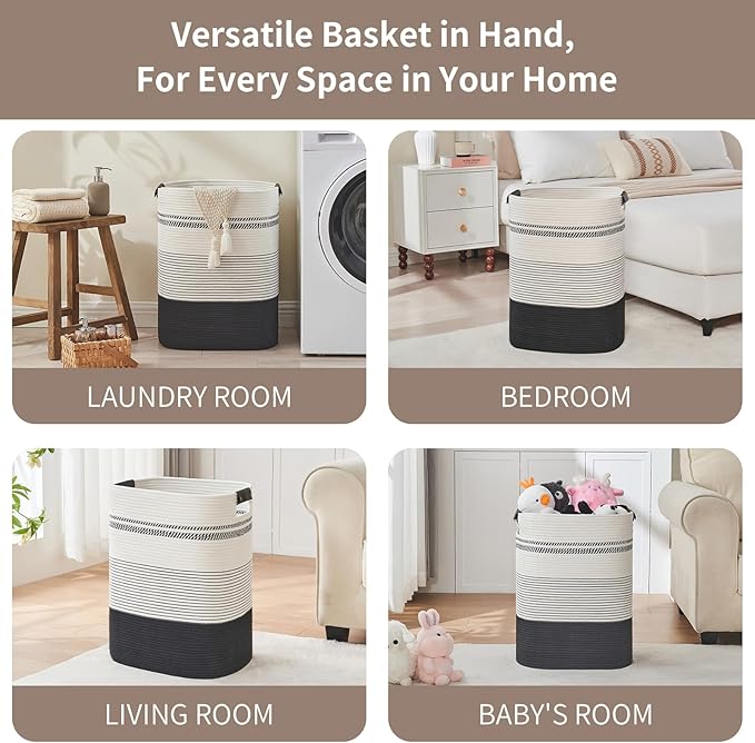 DOFASAYI Laundry Hamper - 85L Large Laundry Basket with Leather Handles, Decorative Storage Basket for Blankets - Clothes Hamper for Living Room, Bedroom, Black & White